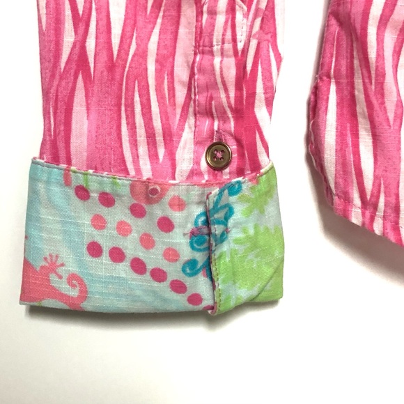Lilly Pulitzer Blouse Top Womens 0 Pink Button Down Flip Cuff Colorful Preppy - Picture 8 of 9